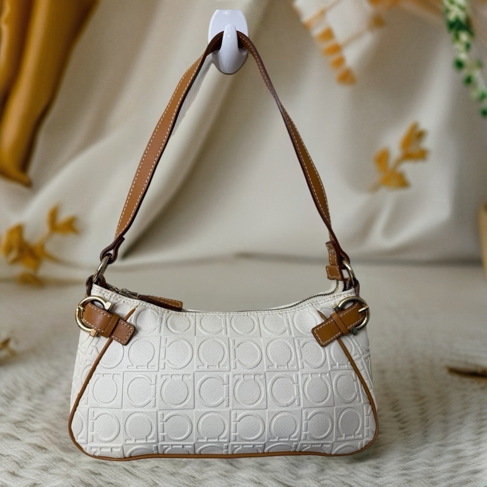 Salvatore Ferragamo White and Tan Shoulder Bag